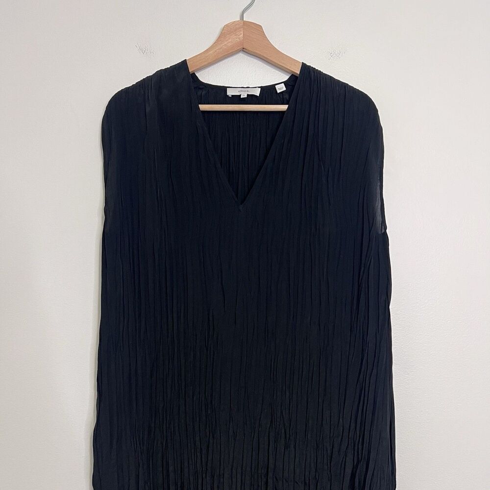 Vince Crushed Silk Black Midi Dress XS V Neck Pleated Minimalist Quiet Luxury - Picture 3 of 11
